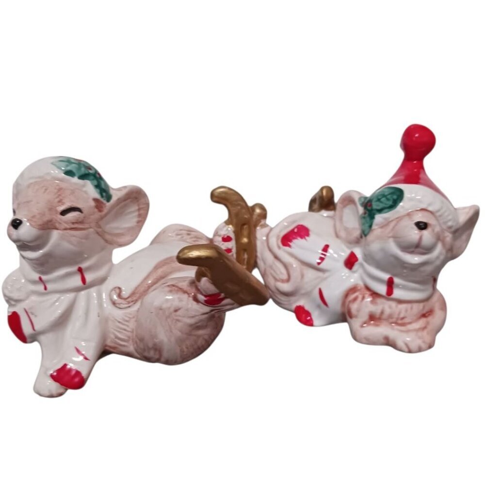 Fitz & Floyd Vtg Ceramic Christmas Skating Mice Figurines & Holiday Attire